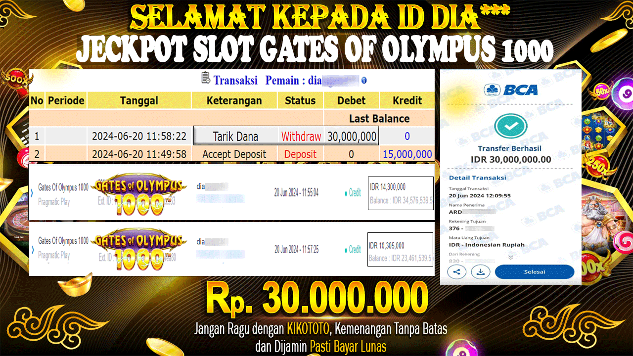 JECKPOTT !!! MENANG BESAR DI SLOT GATES OF OLYMPUS 1000 SEBESAR Rp 30,000,000 LANGSUNG DI BAYAR KIKOTOTO !!!!