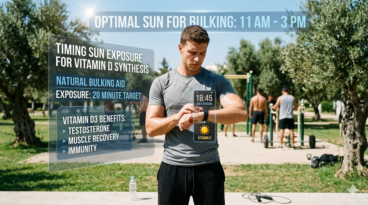 Person sitting outdoors checking smartwatch while timing sun exposure for vitamin D synthesis and natural bulking