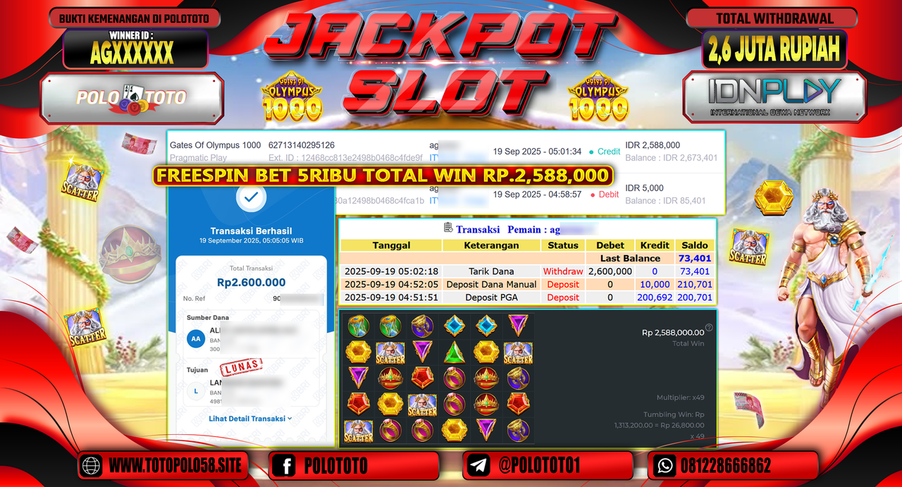 POLOTOTO JACKPOT SLOT GATES OF OLYMPUS 1000 Rp.2.600.000,-