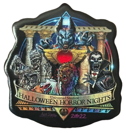 a colorful universal studios halloween horror nights 2022 pin with all the monsters & mazes represented on it in some way