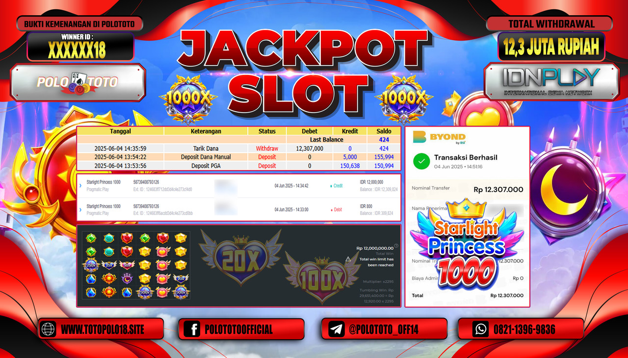 POLOTOTO JACKPOT SLOT STARLIGHT PRINCESS 1000 Rp.12.307.000,-
