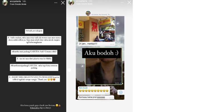 Enzy Storia terkena prank dari Desta
