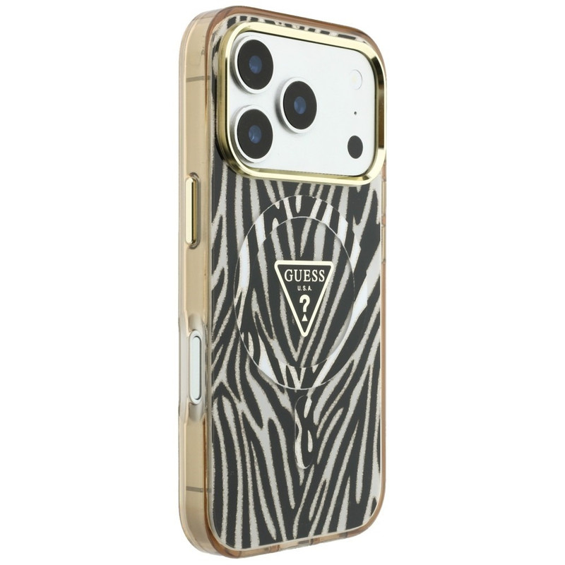 Husa pentru iPhone 18 Pro Max / iPhone 17 Pro Max Guess Zebra Glitter Triangle Logo MagSafe, Incarcare wireless, Protectie ridicata, Calitate premium, Auriu imageye 3282157