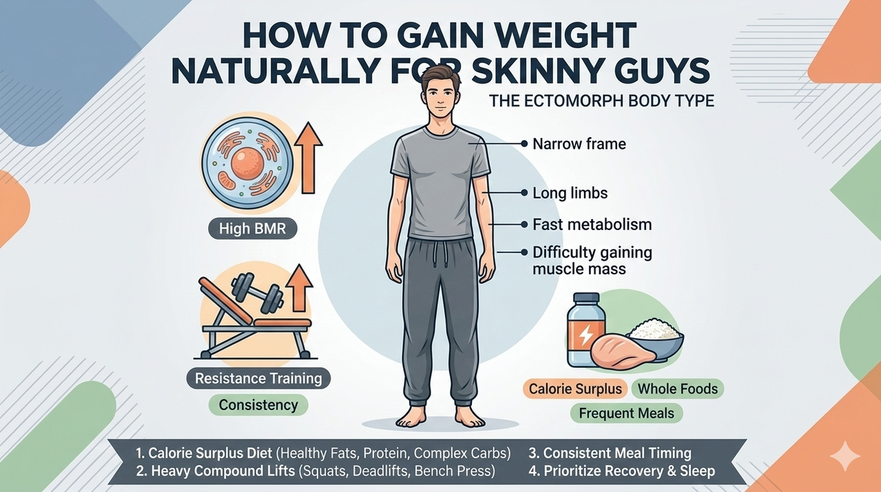 Illustration of ectomorph body type with narrow frame and long limbs for how to gain weight naturally for skinny guys
