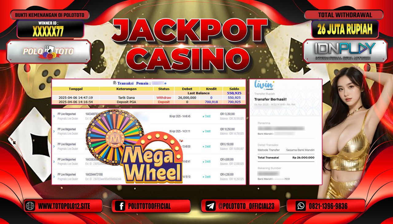 POLOTOTO JACKPOT LIVE CASINO MEGAWHELL Rp.26.000.000,-