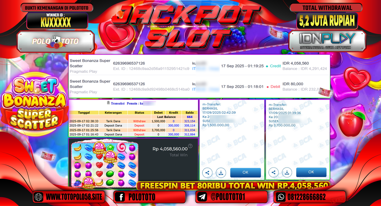 POLOTOTO JACKPOT SLOT SWEET BONANZA SUPER SCATTER Rp.5.200.000,-