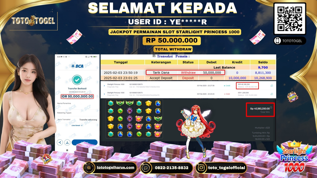 Bukti Pembayaran Jackpot  Permainan Slot Starlight Princess 1000  ID:YE****R LUNAS