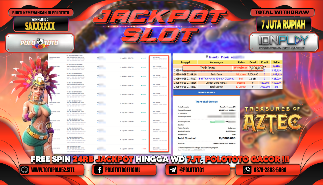POLOTOTO JACKPOT SLOT TREASURES OF AZTEC Rp.7.000.000,-
