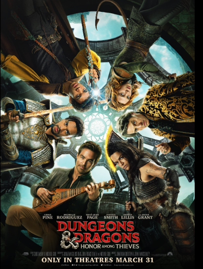 live action movie poster with a group of people in DnD-ass outfits gathered in a circle, looking down as though the viewer is laying on the ground.