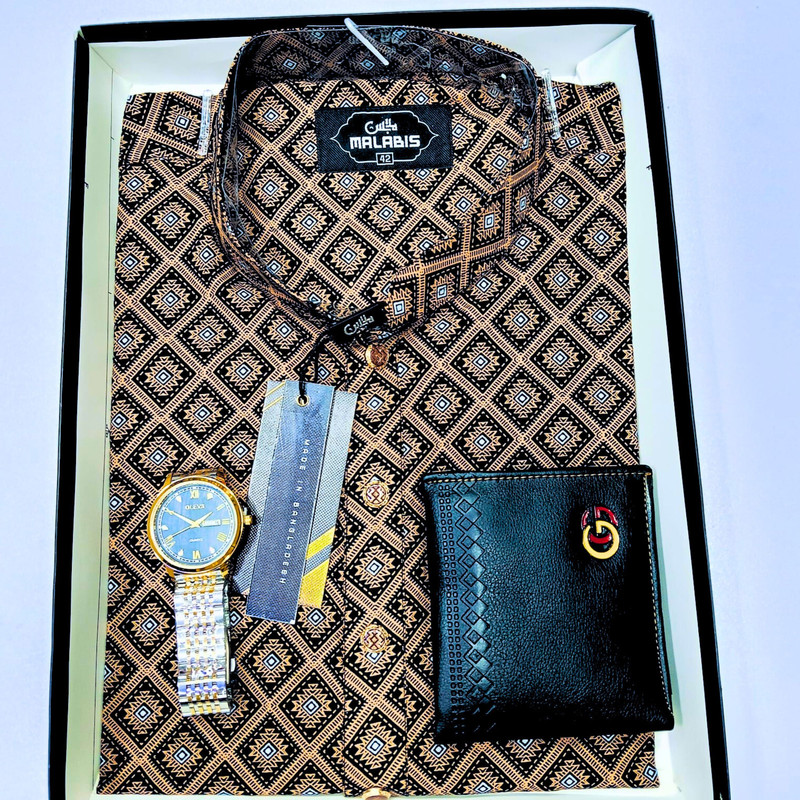 Cotton Print Punjabi + Premium Watch + Wallet Combo Pack