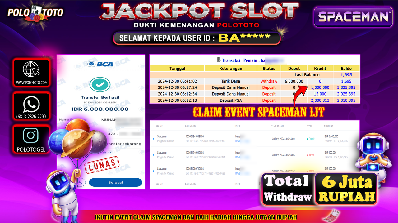 POLOTOTO JACKPOT SLOT SPACEMAN Rp.6,000.000,-