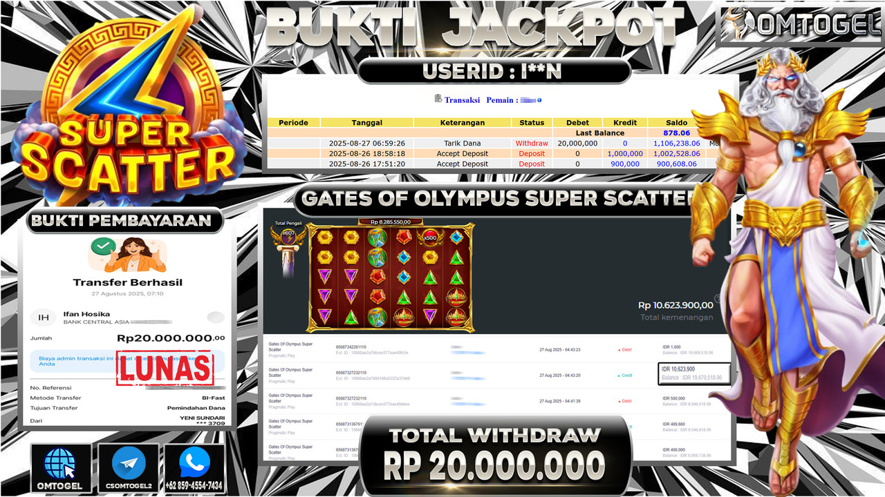OMTOGEL JACKPOT PRAGMATIC PLAY GATES OF OLYMPUS SUPER SCATTER 20 JUTA DI BAYAR LUNAS ,-