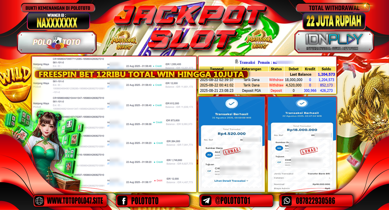 POLOTOTO JACKPOT SLOT MAHJONG WAYS Rp.22.520.000,-