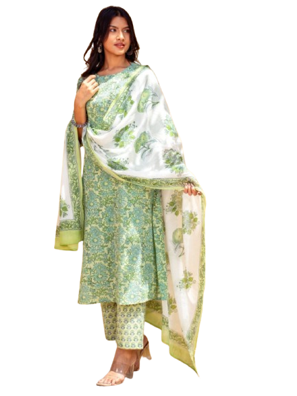 BLUMAIRE Green Floral Kurta with Pants & Dupatta for Women | Stylish Straight Suit Set | Casual & Office Wear Ethnic Dress