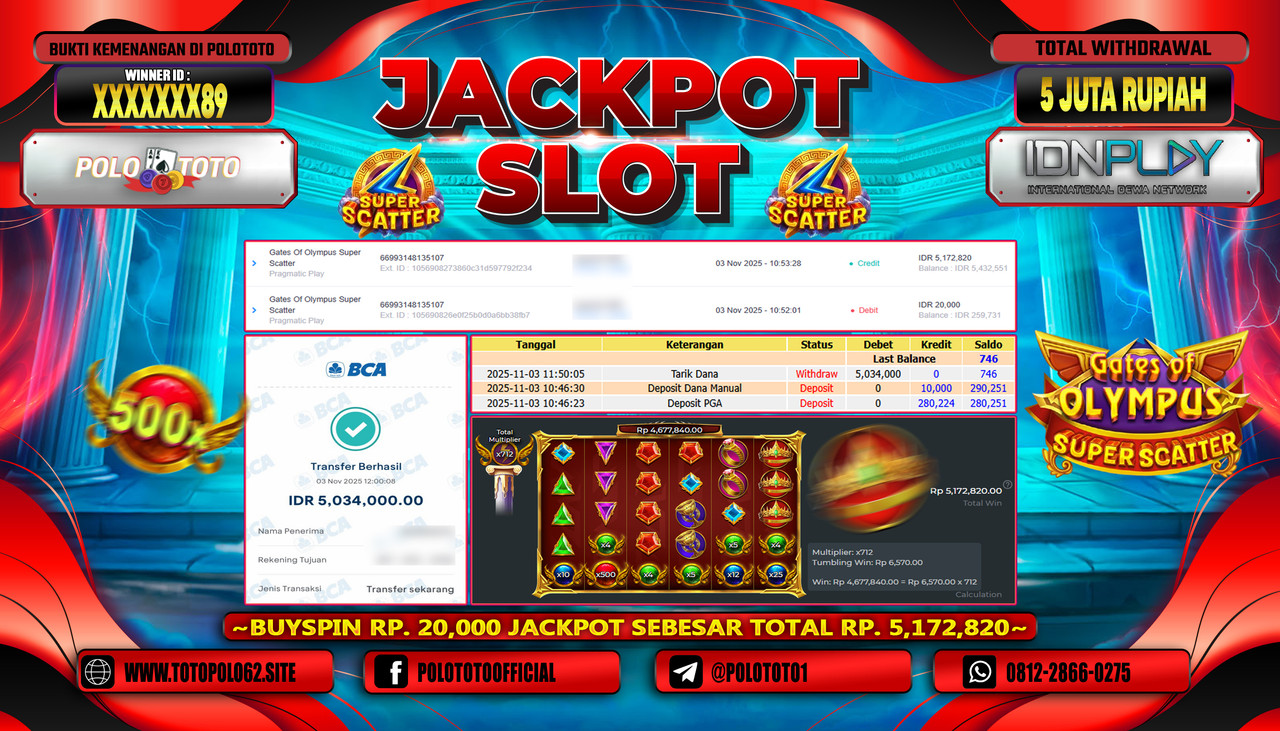 POLOTOTO JACKPOT SLOT GATES OF OLYMPUS SUPER SCATTER Rp.5.000.000,- LUNAS