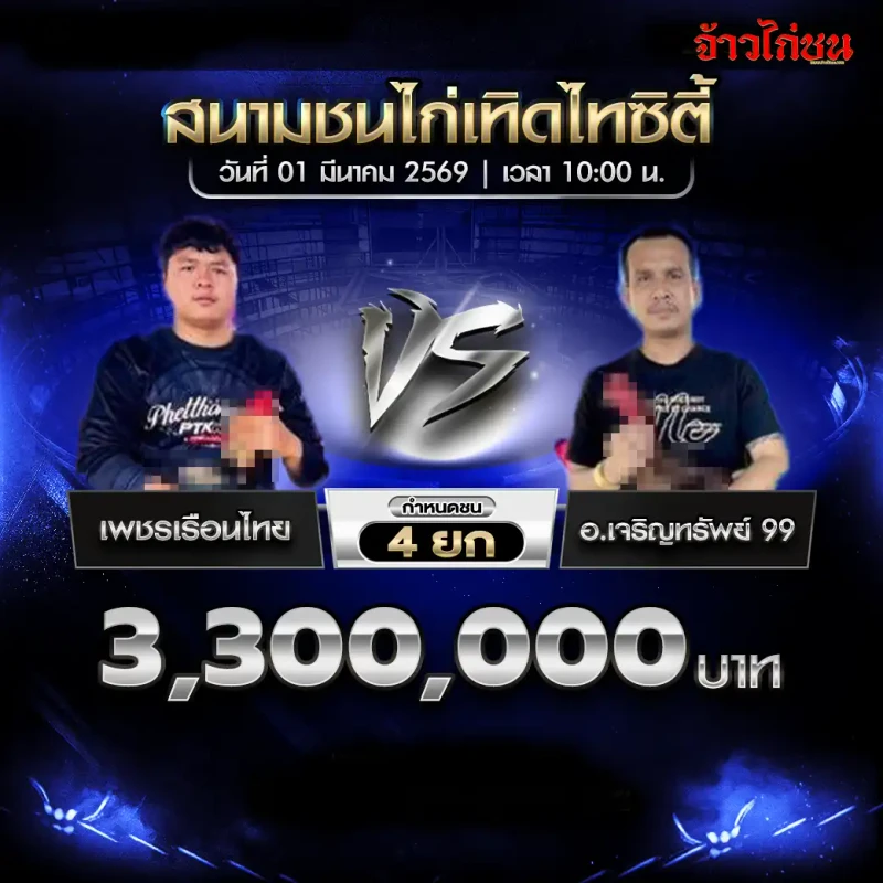 โปรแกรมไก่ชน เทิดไทซิตี้ 1 มีนาคม 2569 : เพชรเรือนไทย vs อ.เจริญทรัพย์ 99 (3,300,000 บาท)