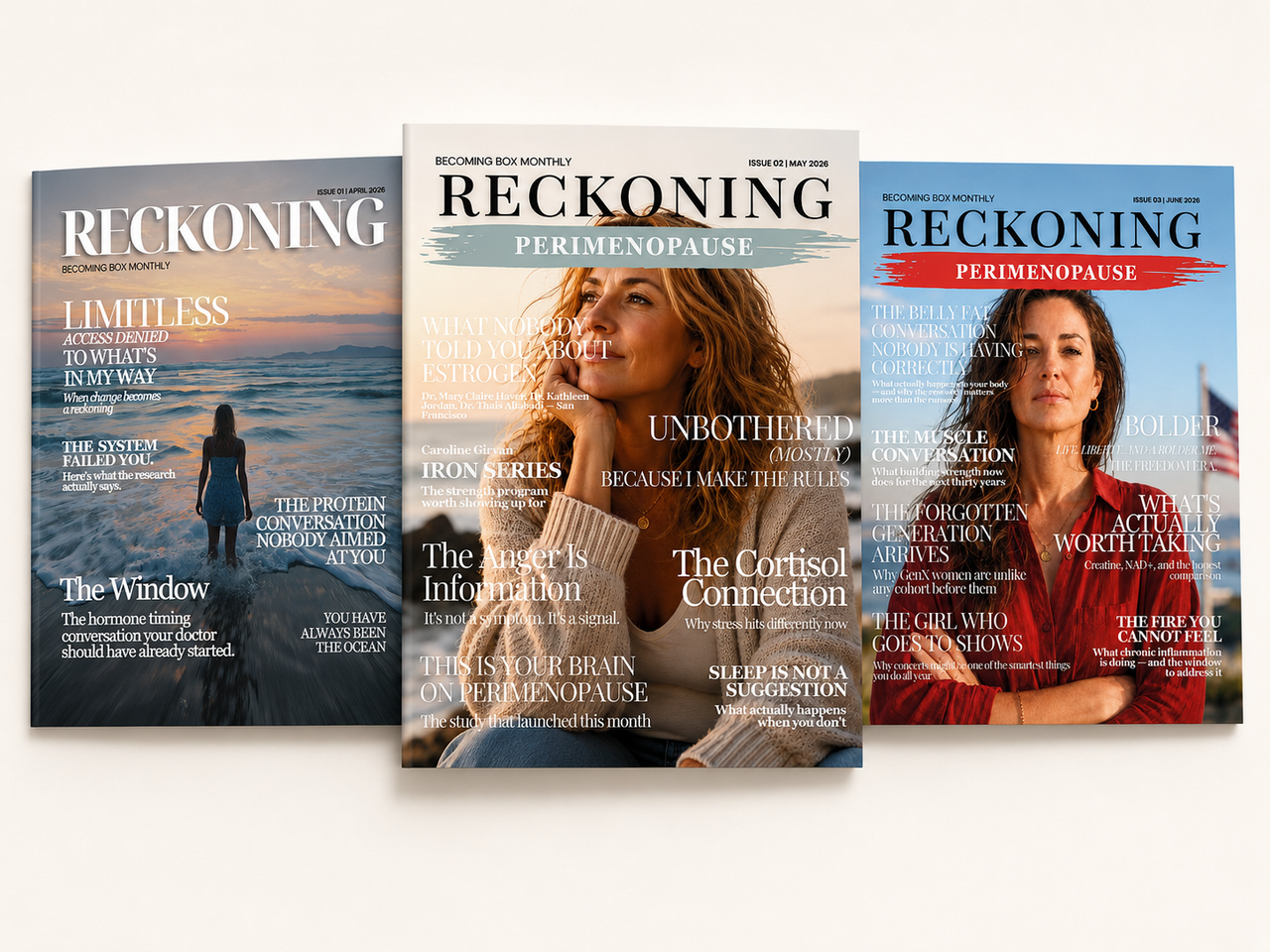 Three Becoming Box magazine covers: Reckoning, Unfiltered, and Reclaim