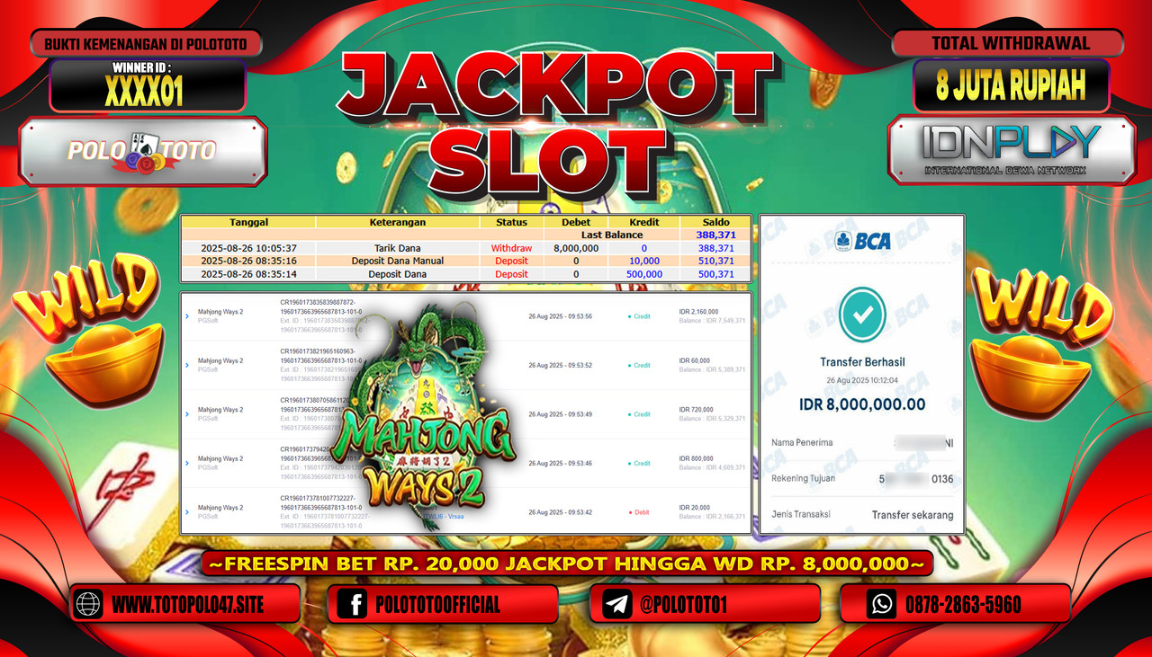 POLOTOTO JACKPOT SLOT MAHJONG WAYS Rp.8.000.000,- LUNAS