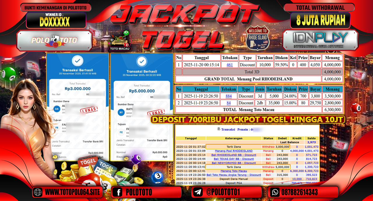 POLOTOTO JACKPOT TOGEL MENANG TOTO MACAU DAN JACKPOT TOGEL MENANG POLL RHODE ISLAND Rp.8.000.000,- LUNAS