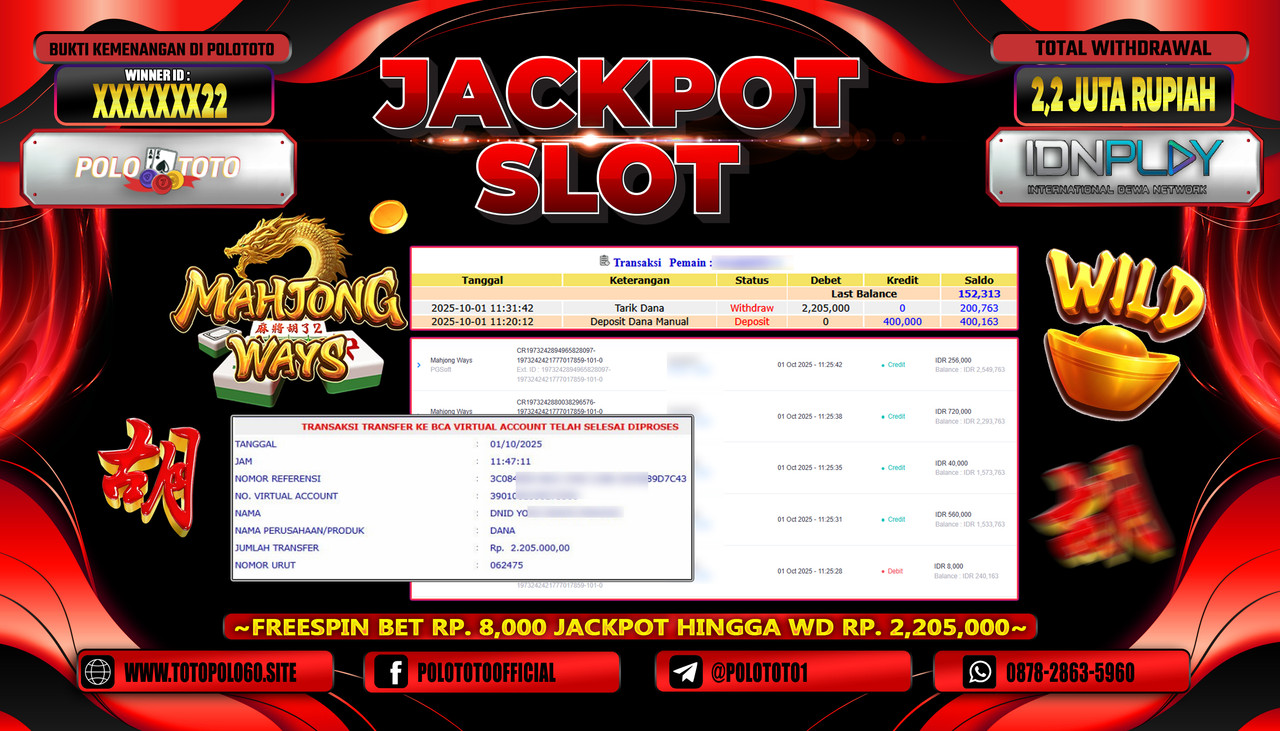 POLOTOTO JACKPOT SLOT MAHJONG WAYS Rp.2.200.000,- LUNAS