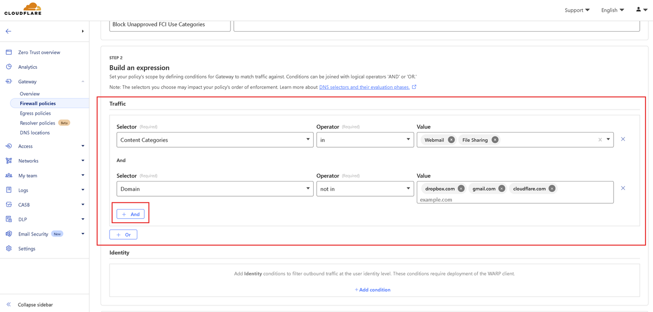 Cloudflare DNS policy configuration screen adding a Domain 'not in' condition for approved exceptions.
