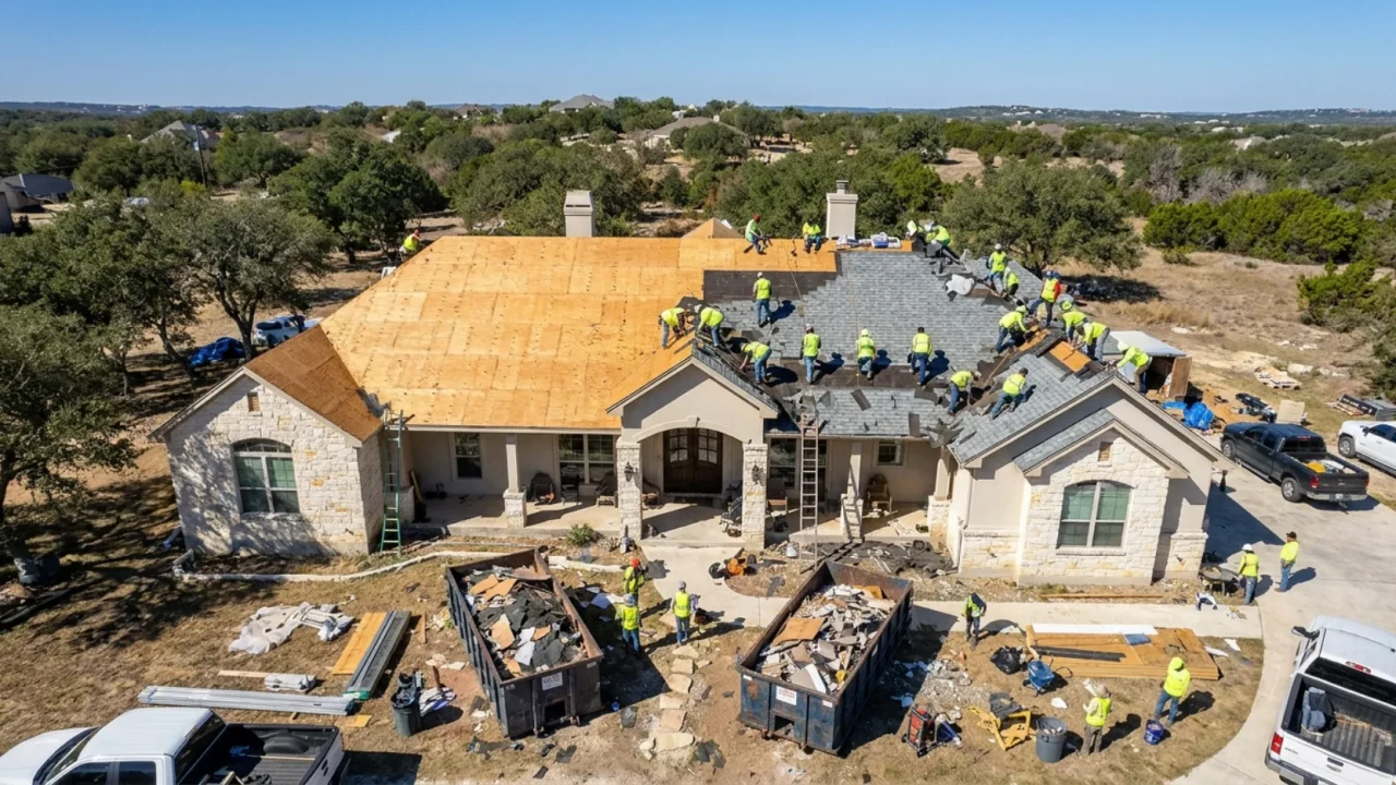 Roofing crew working on tear-off during roof replacement day in San Antonio