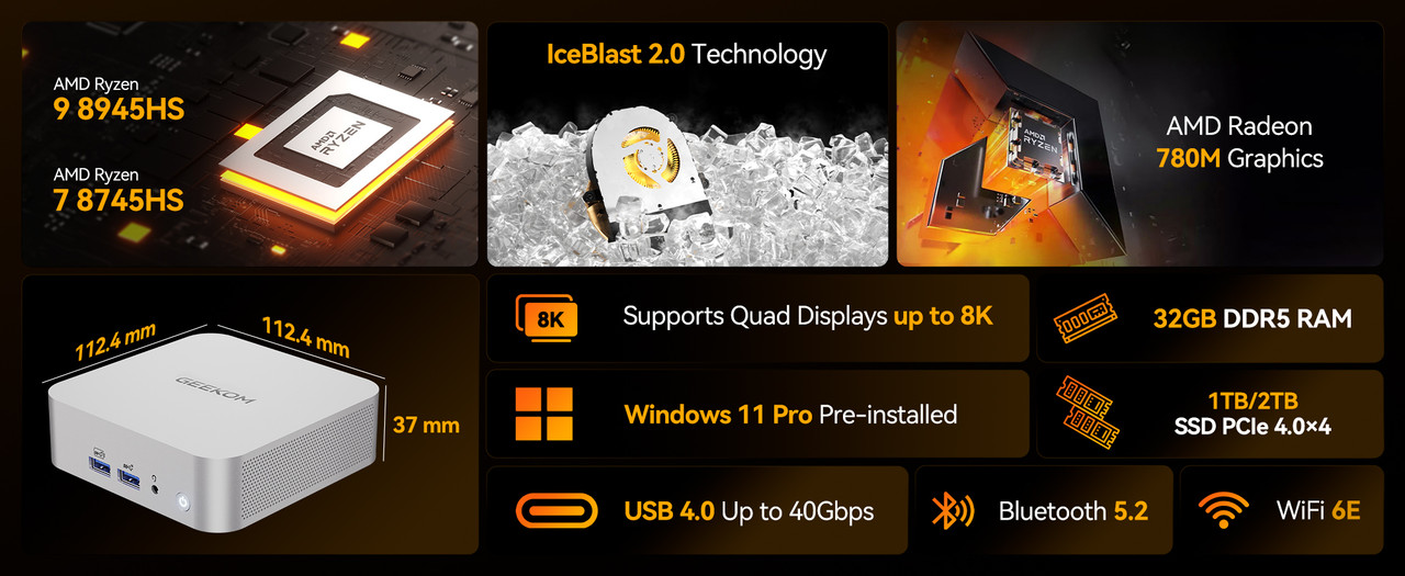 ミニPC GEEKOM A8 AMD Ryzen9 8945HS 32GB 2TB AI PC用NPUプロセッサー Ryzen 9搭載 A8ミニ PC｜GEEKOM（ギコム)