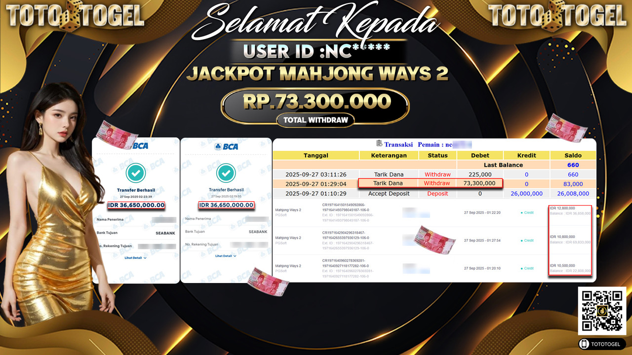 Bukti Pembayaran Jackpot Permainan Slot Mahjong Ways 2 ID:NC*** LUNAS