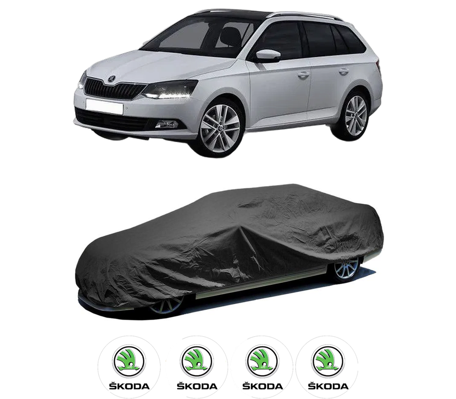 Husa tip prelata auto pentru SKODA FABIA III Estate (NJ5) din 2014-2022, Culoare Negru, material textil impermeabil, rezistanta la intemperii praf UV, CARPASSION Husa Protectie, 4 Stickere auto cu SKODA