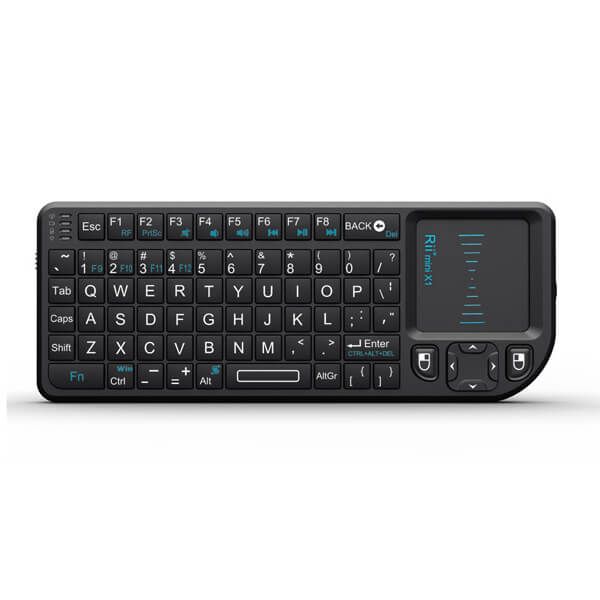 Mini teclado inalámbrico negro con touchpad y teclas retroiluminadas.