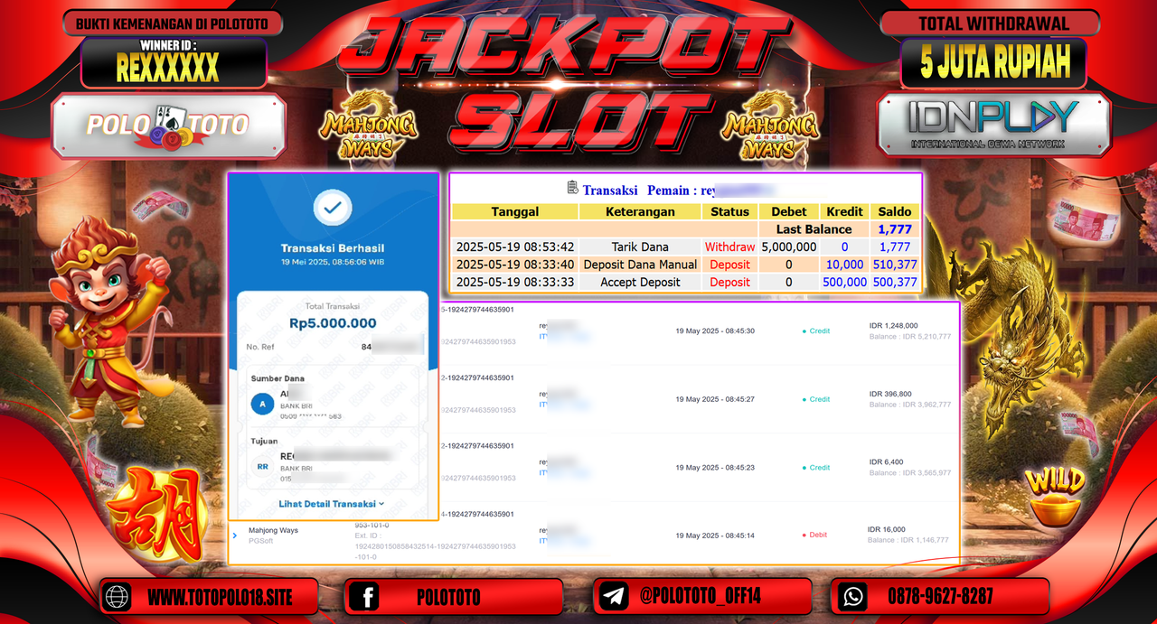 POLOTOTO JACKPOT SLOT MAHJONG WAYS Rp.5.000.000,-