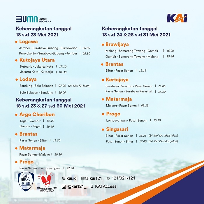 Jadwal kereta api terbaru selama periode 18-31 Mei 2021.
