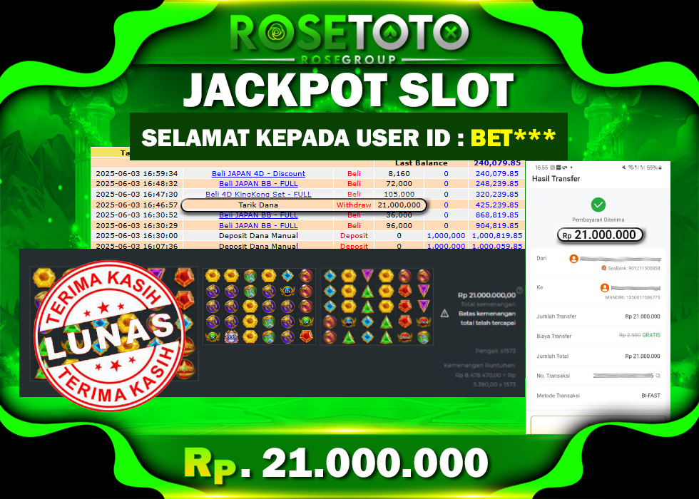 ROSETOTO JACKPOT SLOT Gates Of Olympus 1000 Rp.21.000.000.,- LUNAS