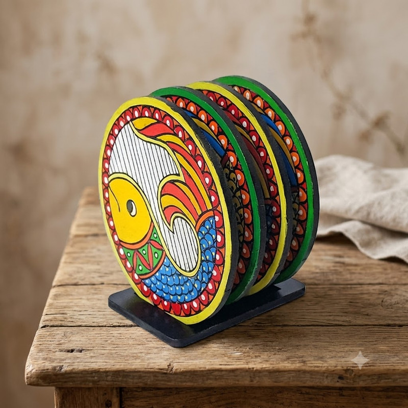 Madhubani painting on Engraved Round MDF Tea Coasters Hobbyist level DIY Kit 