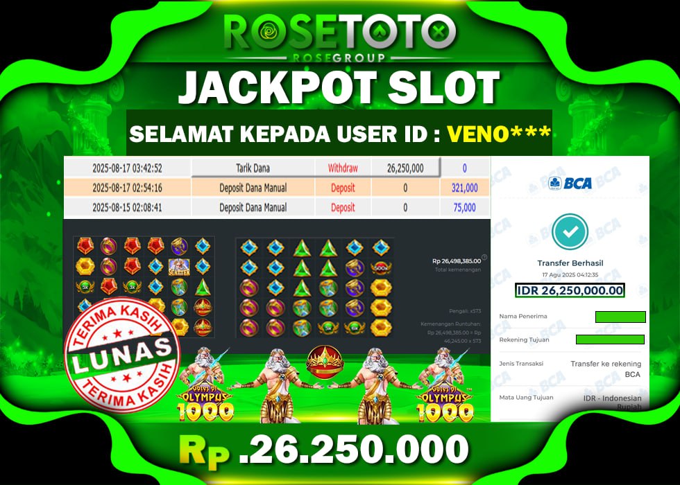 ROSETOTO JACKPOT SLOT Gates Of Olympus 1000 Rp.26.250.000.,- LUNAS