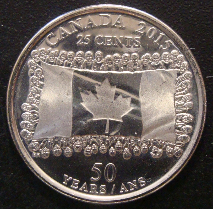 25 Centavos Dólar. Canadá (2015) Aniversario de la bandera nacional CAN-25-Centavos-D-lar-2015-50-aniversario-bandera-Canad-rev