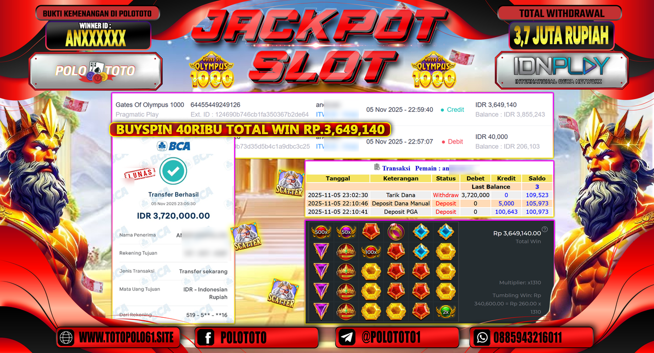 POLOTOTO JACKPOT SLOT GATES OF OLYMPUS 1000 Rp.3.700.000,- LUNAS