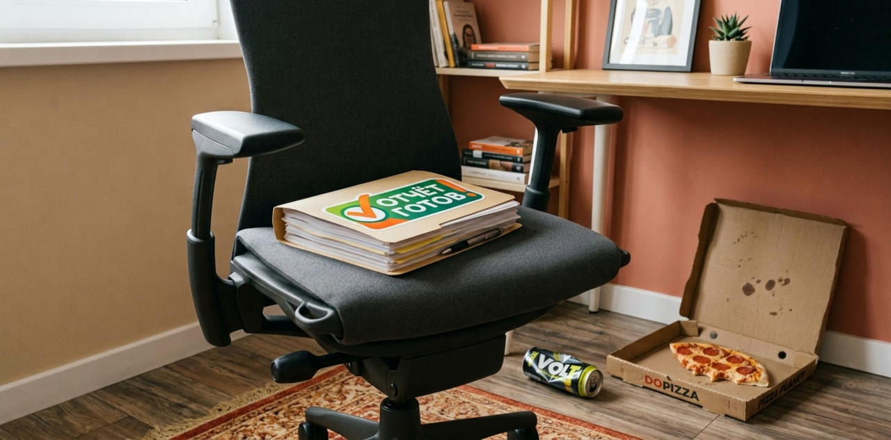 a modern office chair with a thick report folder placed on the seat