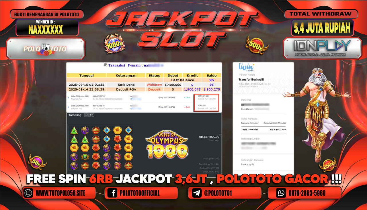 POLOTOTO JACKPOT SLOT GATES OF OLYMPUS 1000 Rp.5.400.000,-