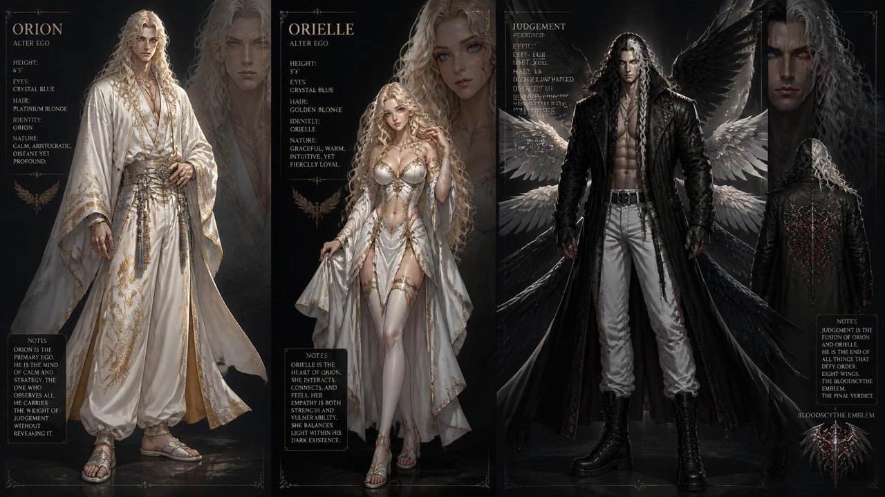 Orion is a tall male with White robes with Gold and silver trimming He has Loose white paints with