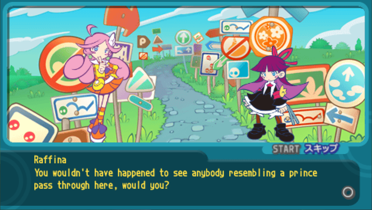 A screenshot from Raffina's WakuWaku route. Raffina is saying "You wouldn't have happened to see anybody resembling a prince pass through here, would you?