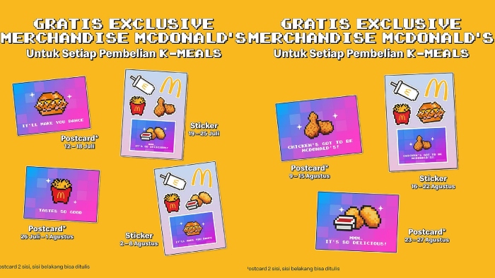 Daftar marchendise gratis untu kolaborasi McD x NewJeans yang dibuka pada 12 Juli hingga 27 Agustus 2023 mendatang.