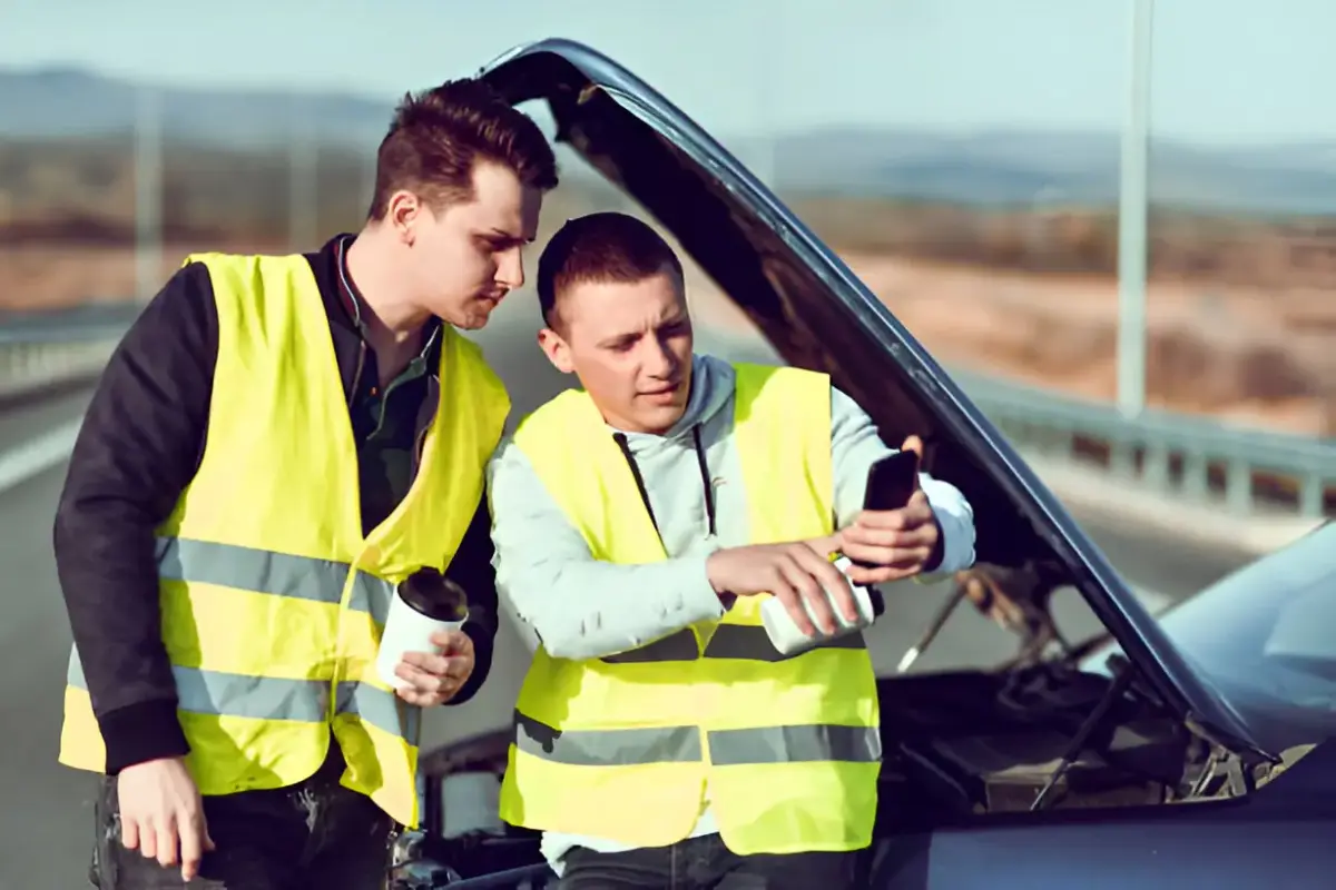 Expert mechanic inspecting a car engine and providing advice to a customer