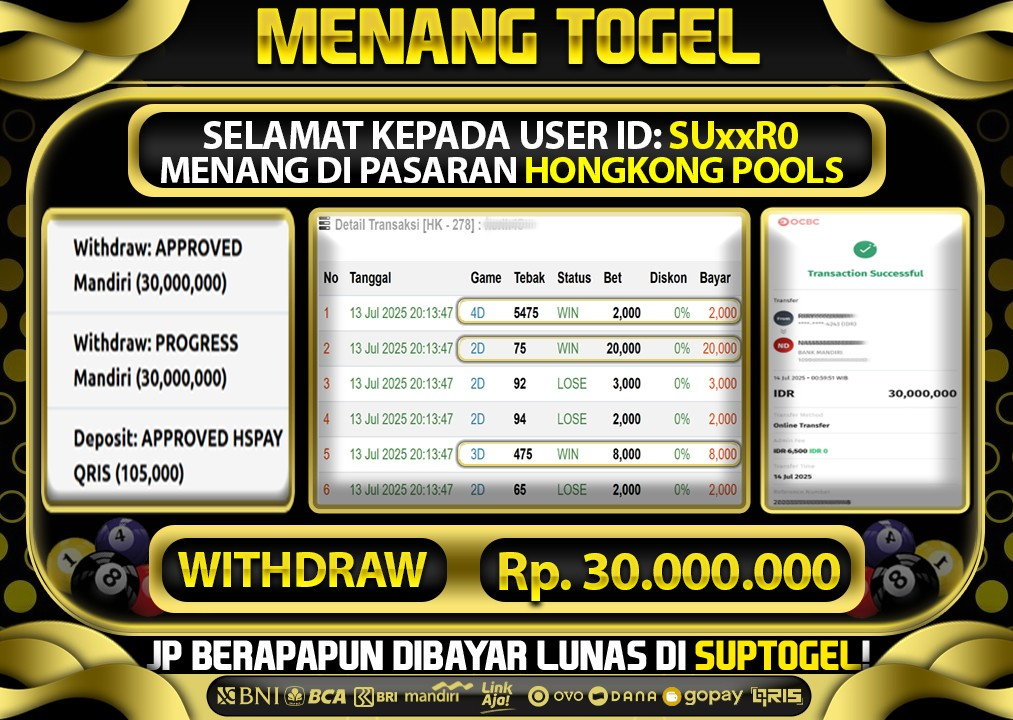  BUKTI KEMENANGAN 13 JULY 2025 MENANG DI PASARAN HONGKONG POOLS TOTAL WD 30 JUTA