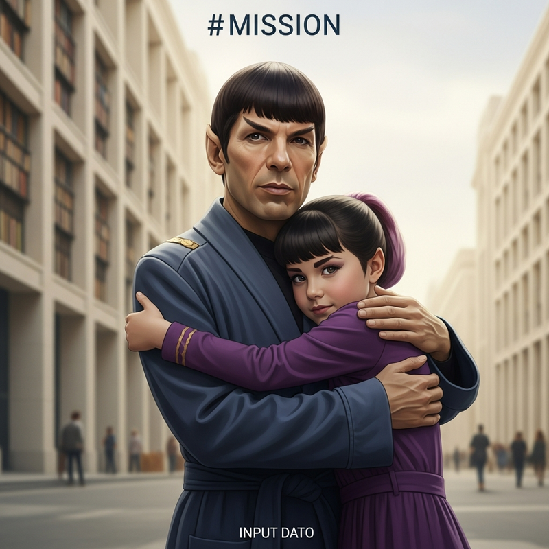 Spock hugged by a young Vulcan girl
