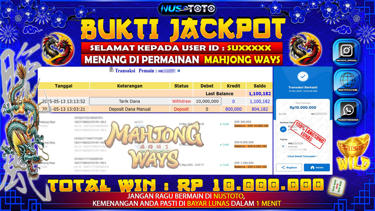 JACKPOT !! MENANG BESAR DI MAHJONG WAYS Rp. 10.000.000 LANGSUNG DI BAYAR LUNAS NUSTOTO !!
