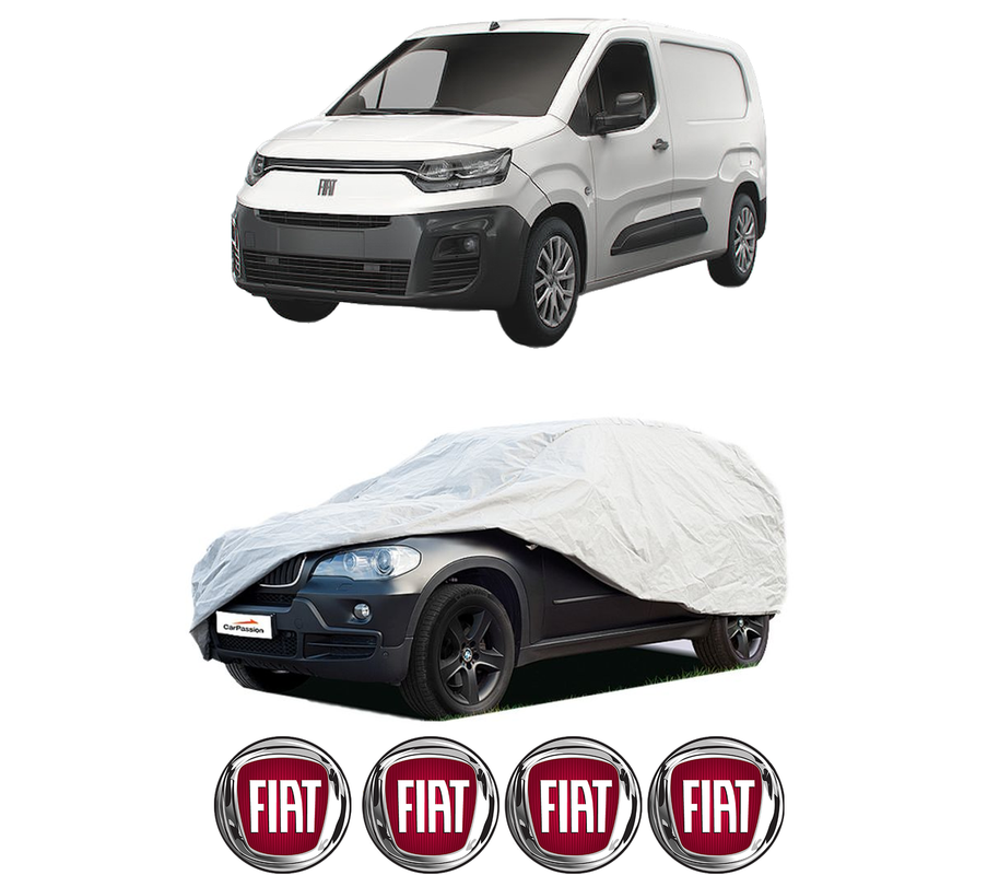 Husa tip prelata auto pentru FIAT DOBLO Box Body/MPV (510_, 511_) din 2022-2023, Culoare Gri, material textil impermeabil, rezistanta la intemperii praf UV, CARPASSION Husa Protectie, 4 Stickere auto cu FIAT