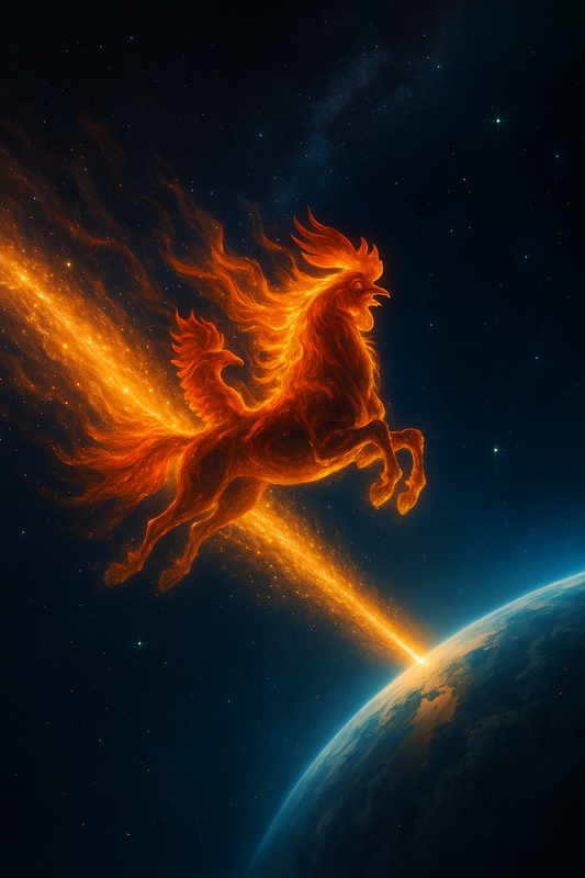 Caballo de fuego con cabeza de gallo