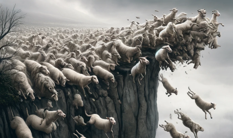 Sheep jumping of cliff