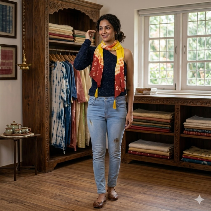 Vibrant Red & Yellow Tie & Dye Chinon Stole